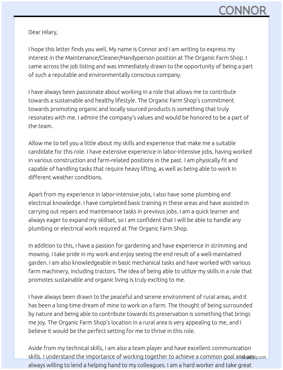 Maintenance/Cleaner/Handyperson At The Organic Farm Shop Cover Letter