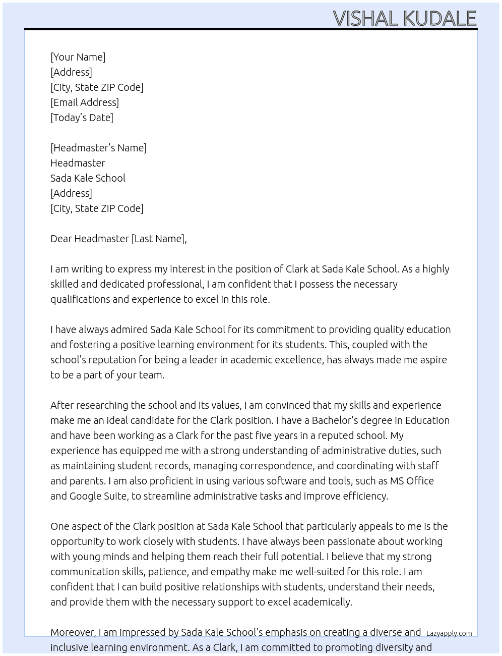 Clark At Sada kale school Cover Letter