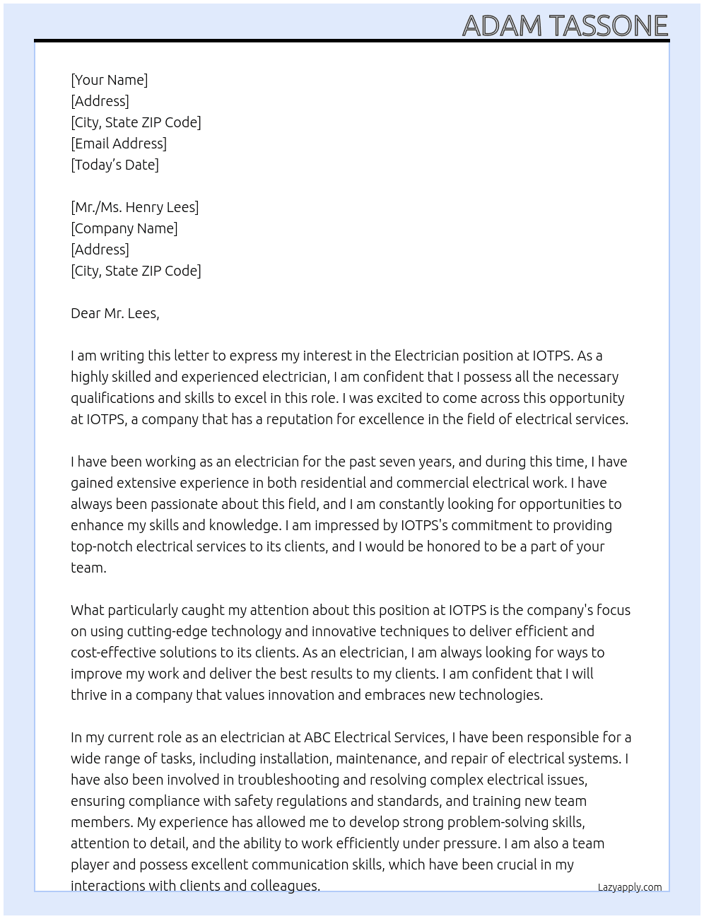 Electrician At IOTPS Cover Letter