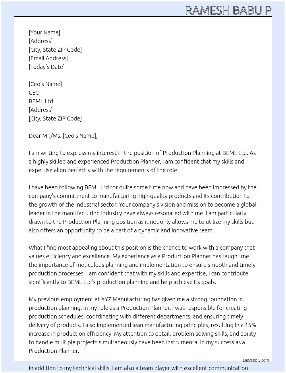 Production Planning At Beml ltd  Cover Letter