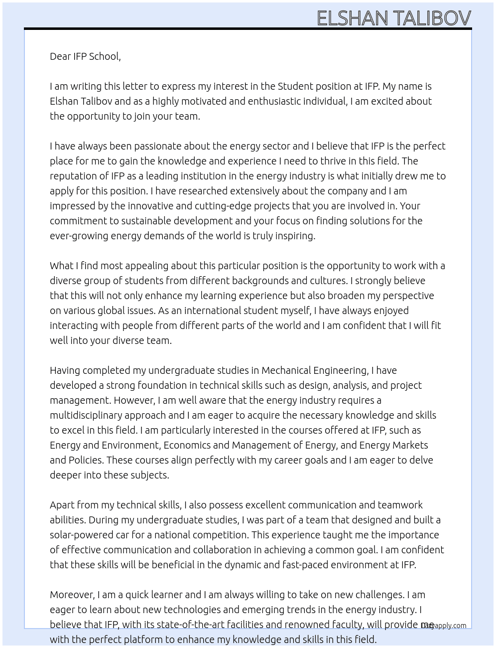 Student At IFP Cover Letter