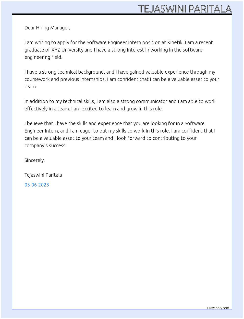 Software engineer intern At Kinetik Cover Letter