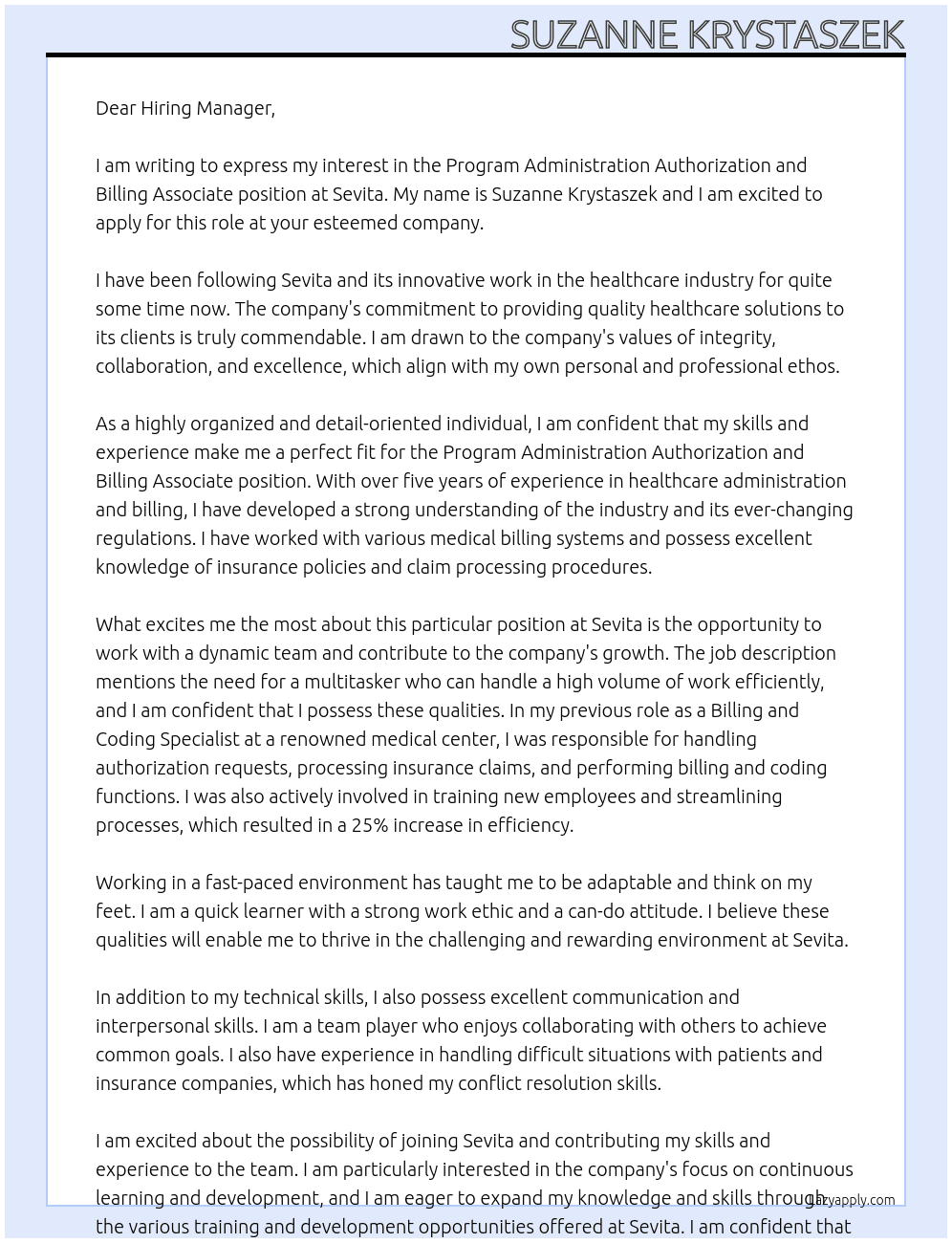 Program Administration Authorization and Billing Associate (351240) At Sevita Cover Letter