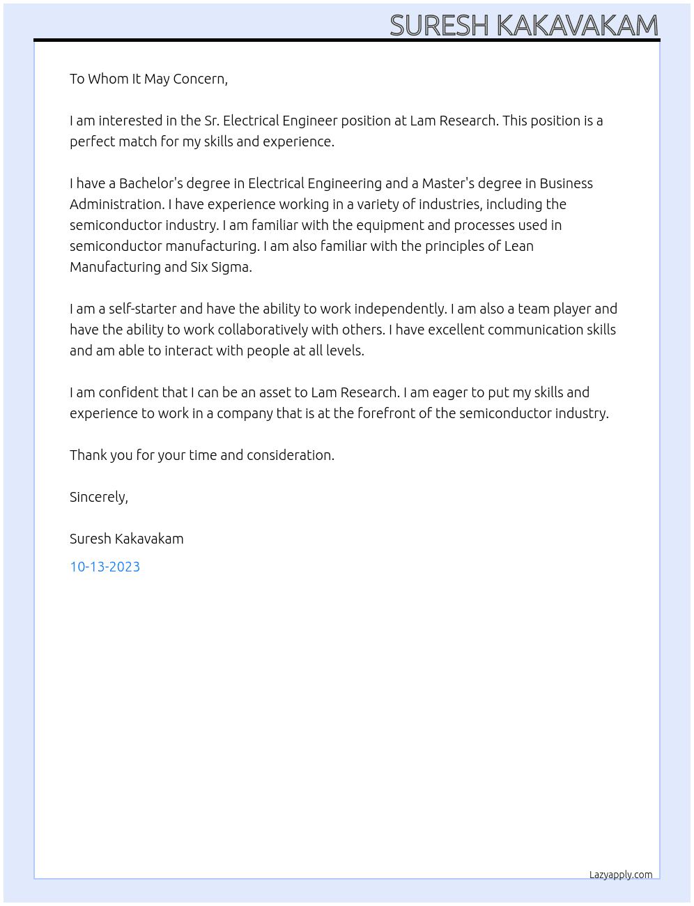 Sr. Electrical Engineer At Lam Research Cover Letter