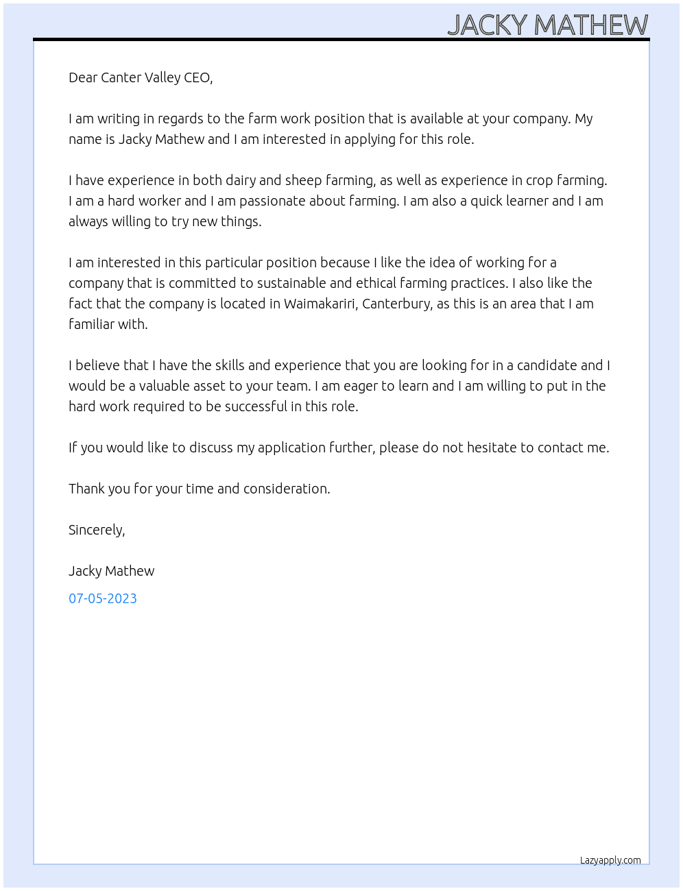 Farm work  At Canter Valley Cover Letter