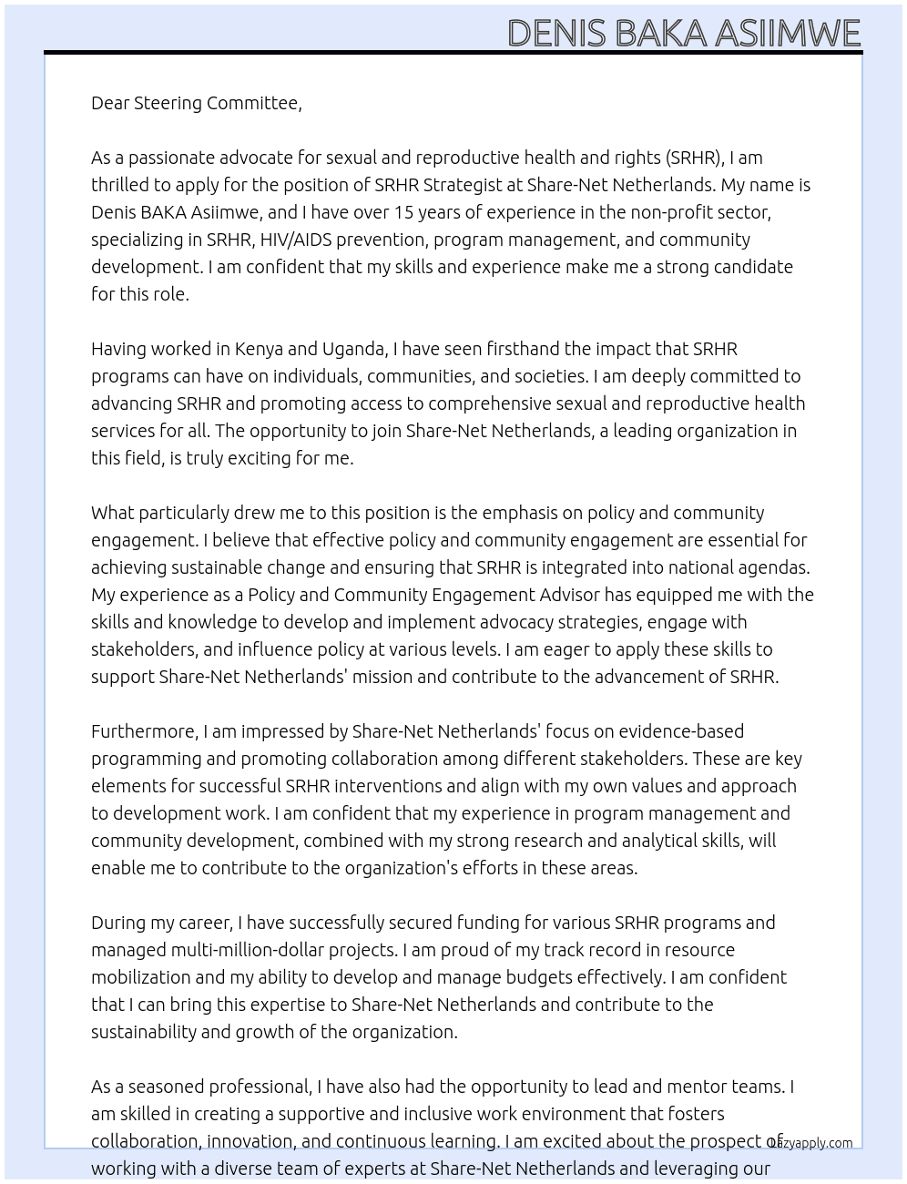 SRHR Strategist At Share-Net Netherlands Cover Letter