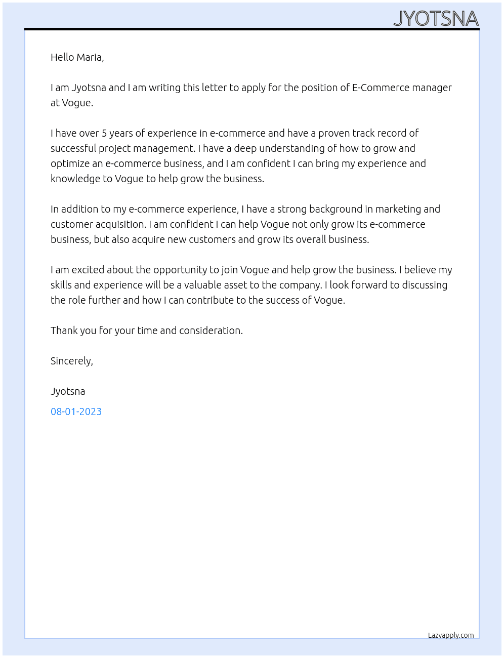E-Commerce manager At Vogue Cover Letter