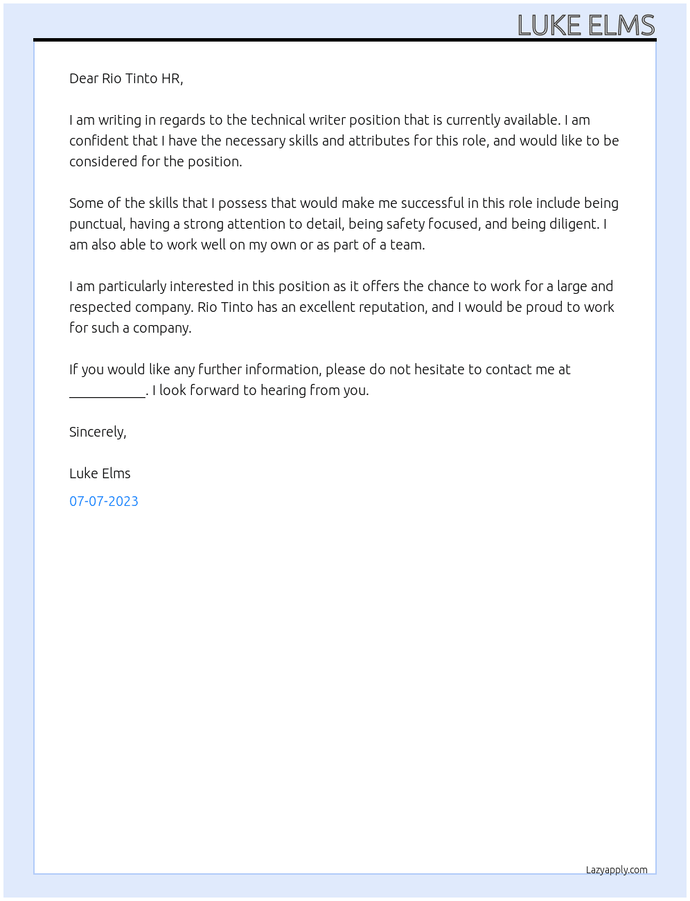 Technical writer At Rio Tinto Cover Letter