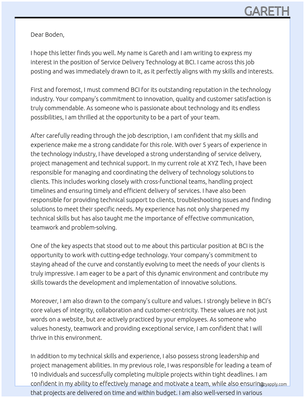 Service Delivery Technology At BCI Cover Letter