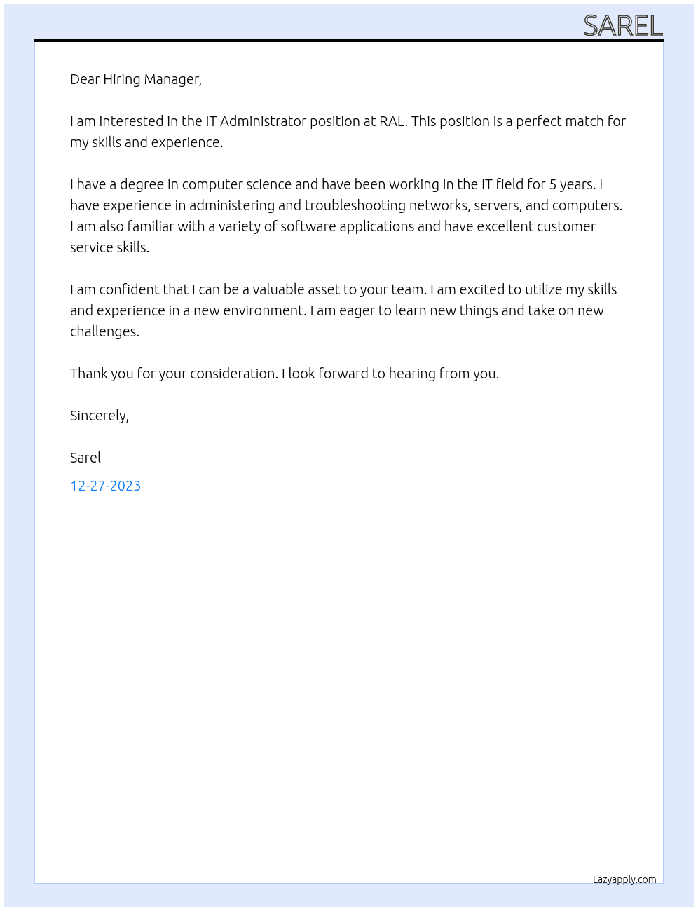 IT Administrator  At RAL Cover Letter