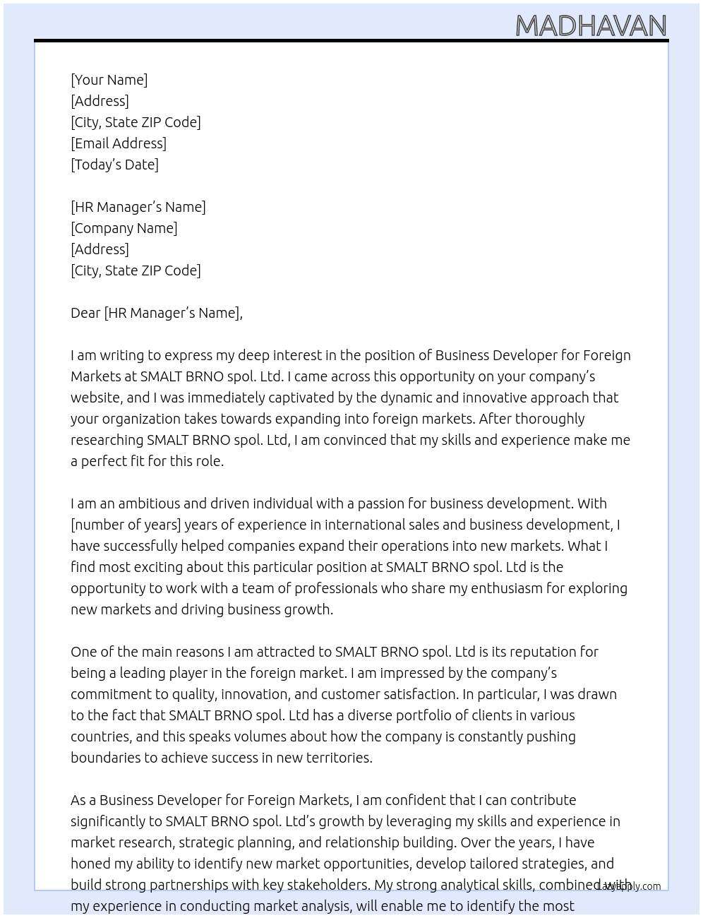 Business Developer for Foreign Markets At SMALT BRNO spol. Ltd Cover Letter