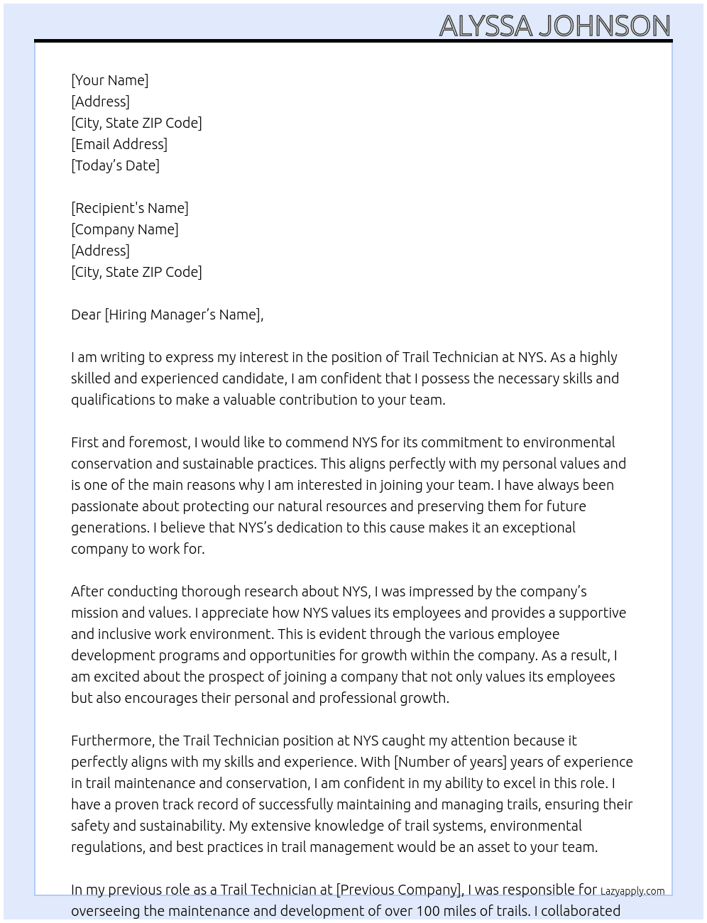 trail technician At nys Cover Letter