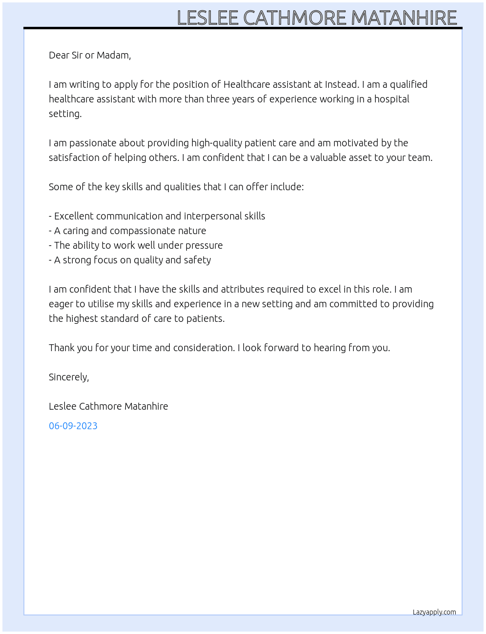 Healthcare assistant  At Instead Cover Letter