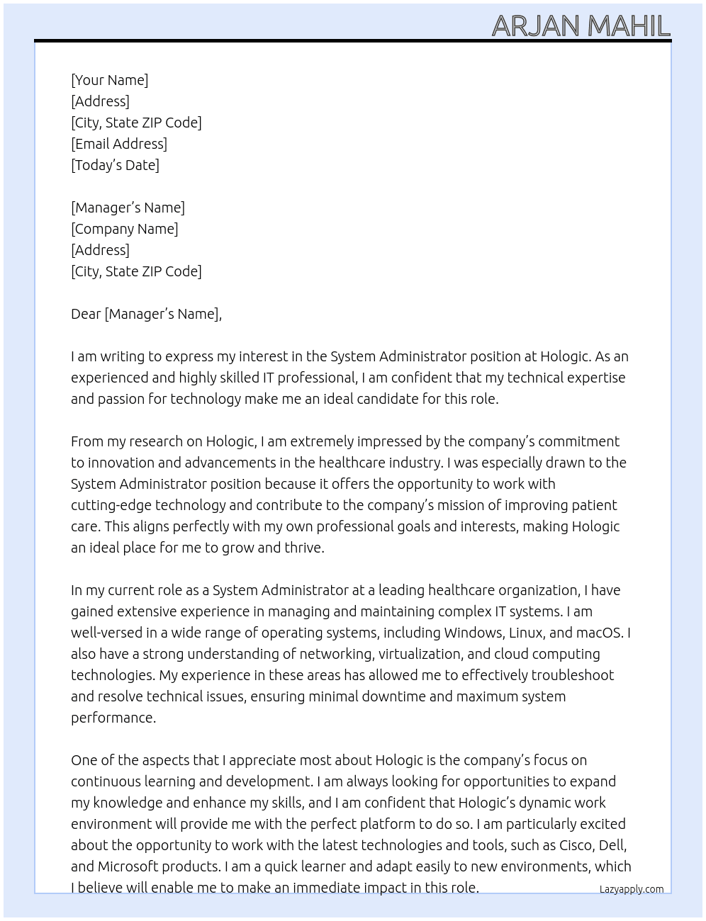 System Administrator At Hologic Cover Letter