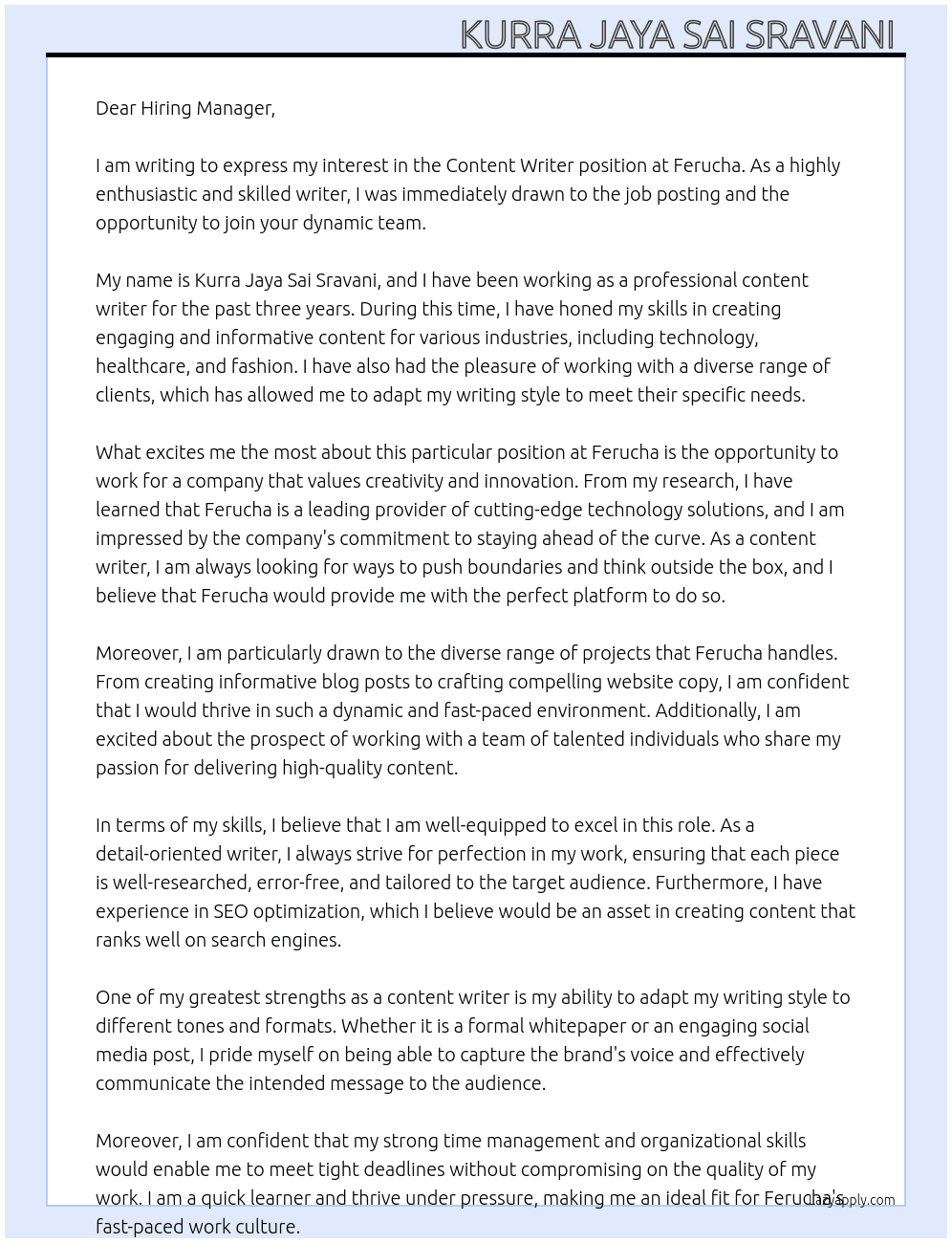 Content writer  At Ferucha Cover Letter