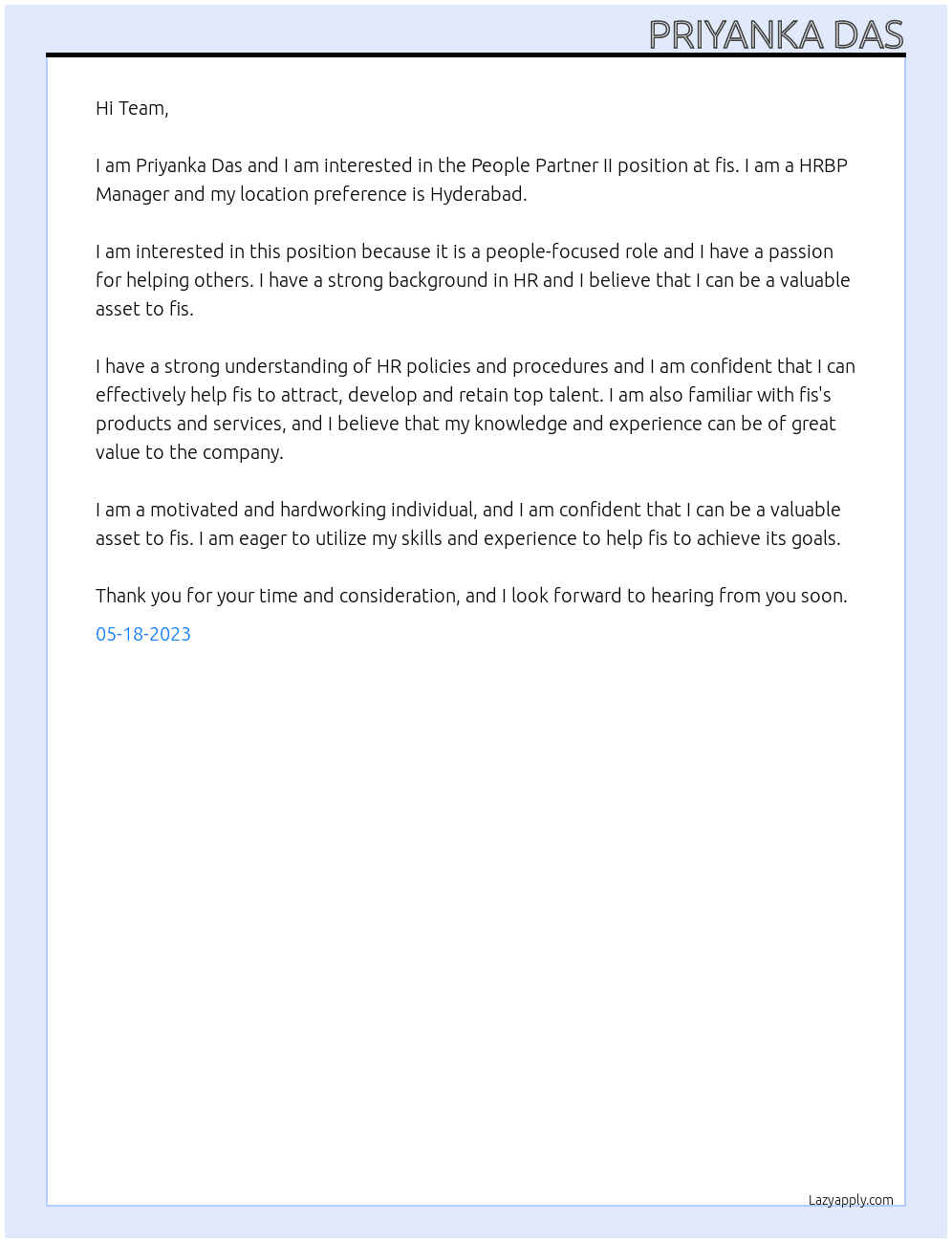 People Partner II At fis Cover Letter