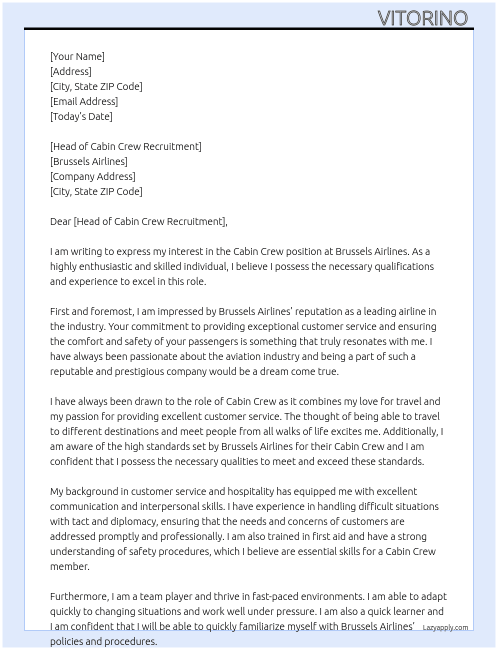 Cabin Crew  At Brussels Airlines  Cover Letter