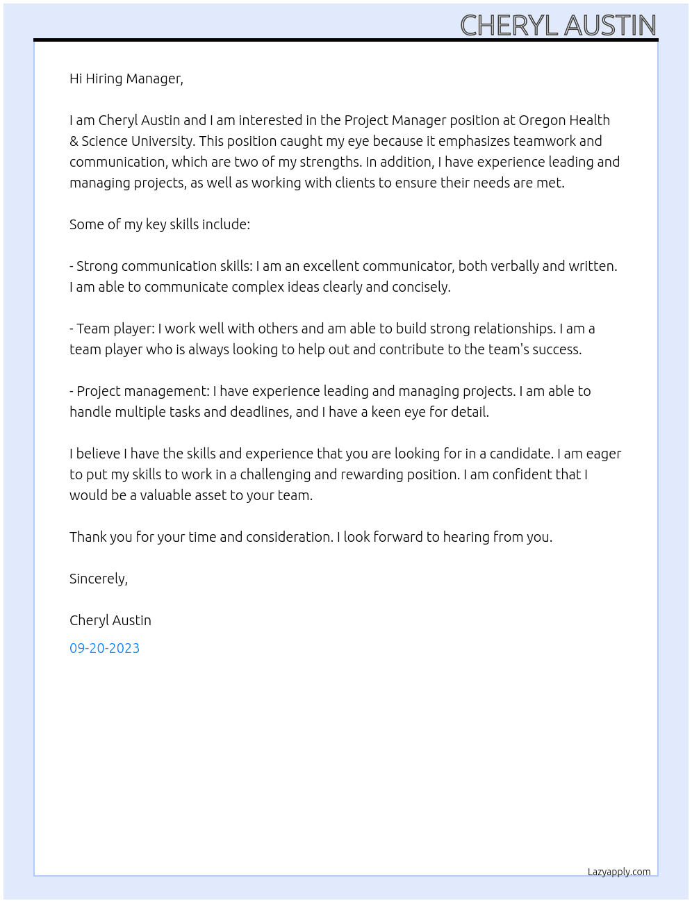 Project Manager At Oregon Health & Science University Cover Letter