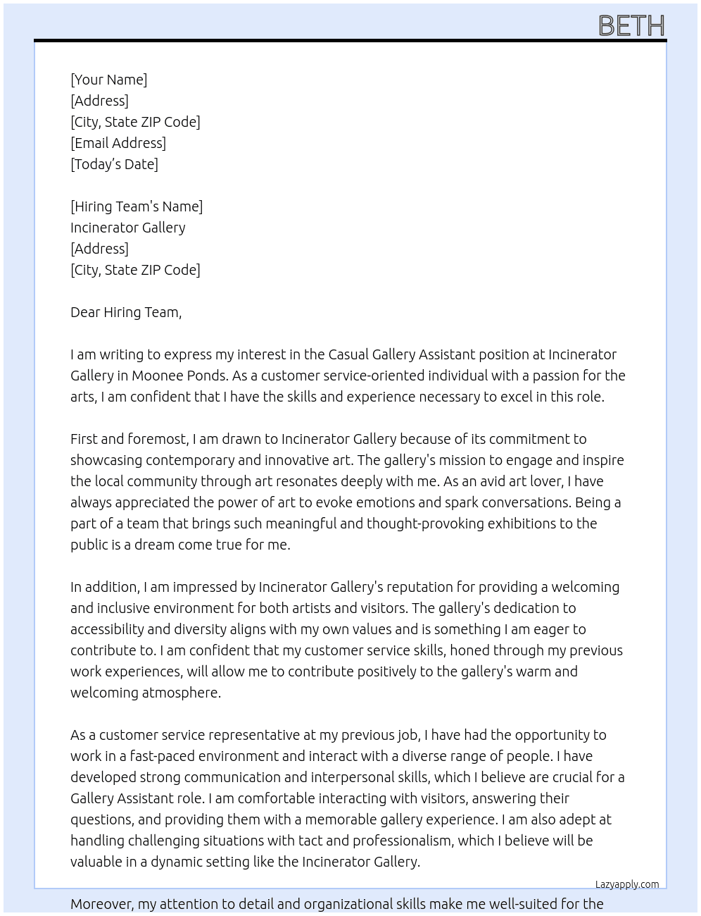 Casual Gallery Assistant At Incinerator Gallery Cover Letter