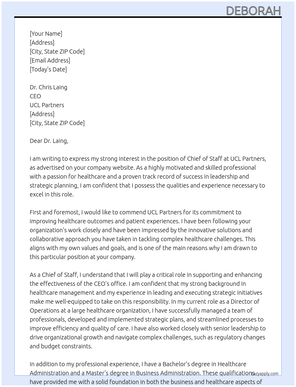 Chief of Staff At UCL Partners Cover Letter