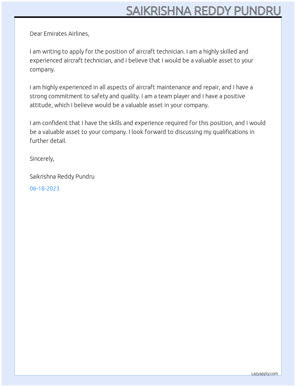 aircraft technician At Emirates Airlines  Cover Letter