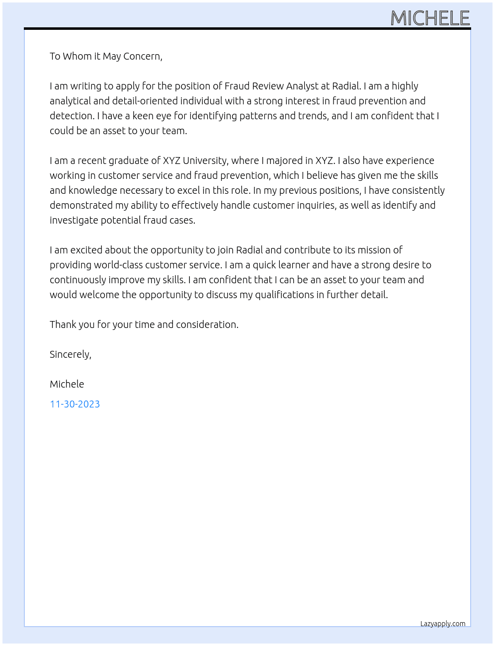 Fraud Review Analyst At Radial Cover Letter