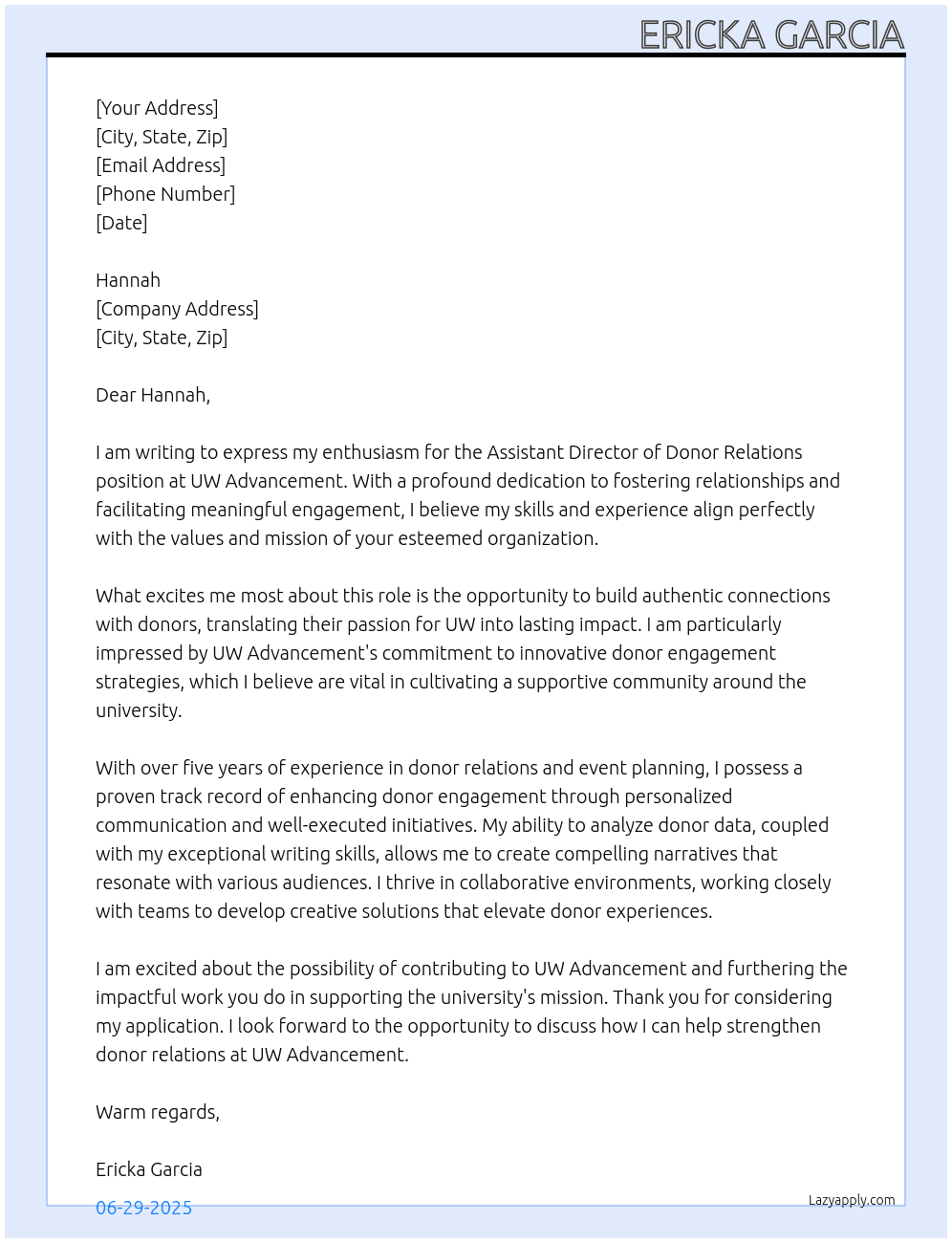 Assistant Director of Donor Relations At UW Advancement Cover Letter