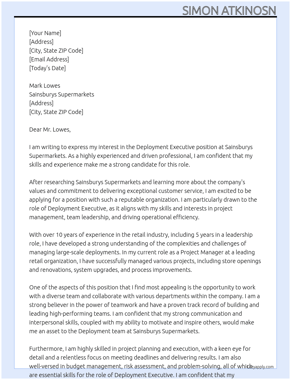 Deployment Executive At Sainsburys Supermarkets Cover Letter