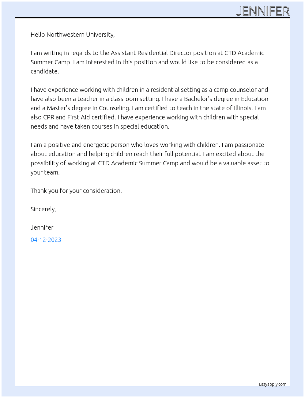 Assistant Residential Director At  CTD Academic Summer Camp at Northwestern University Cover Letter