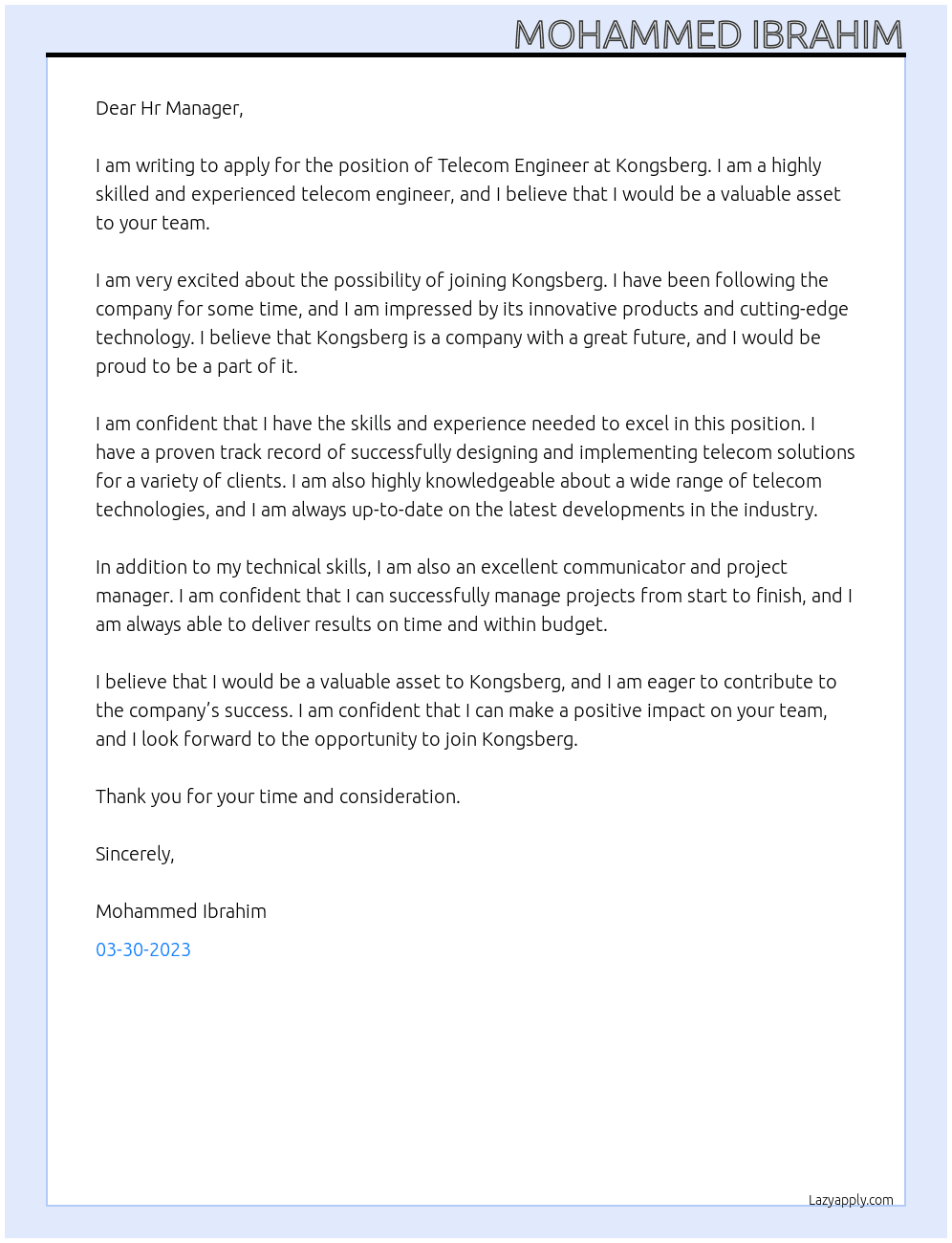 Telecom Engineer At Kongsberg Cover Letter