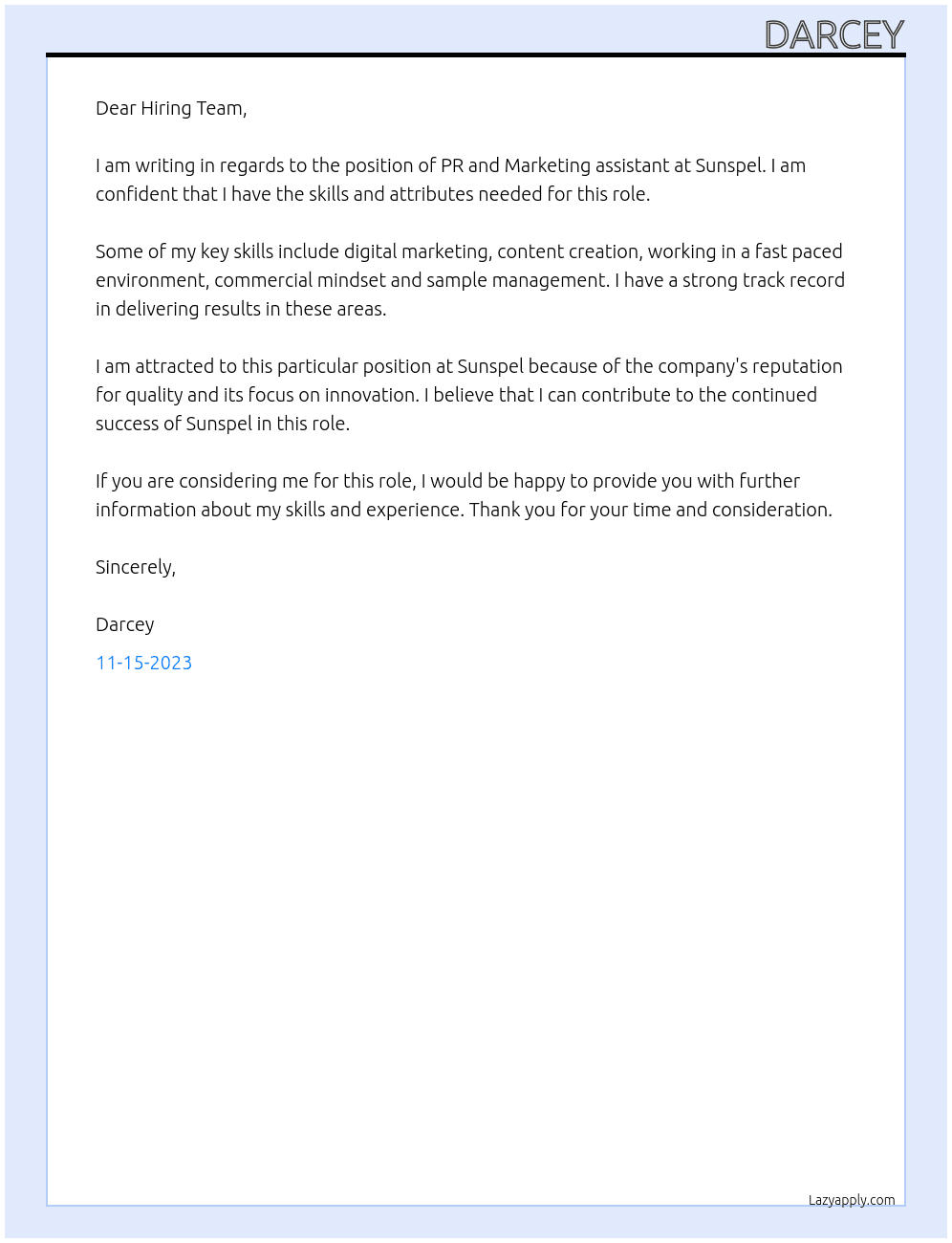 PR and Marketing assistant At Sunspel Cover Letter