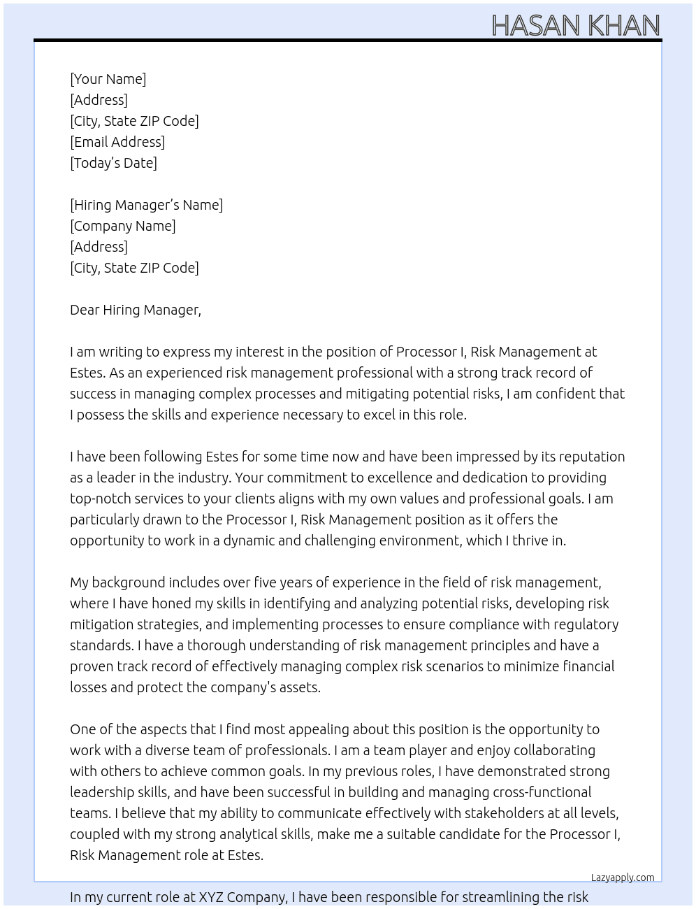 PROCESSOR I, RISK MANAGEMENT At ESTES Cover Letter