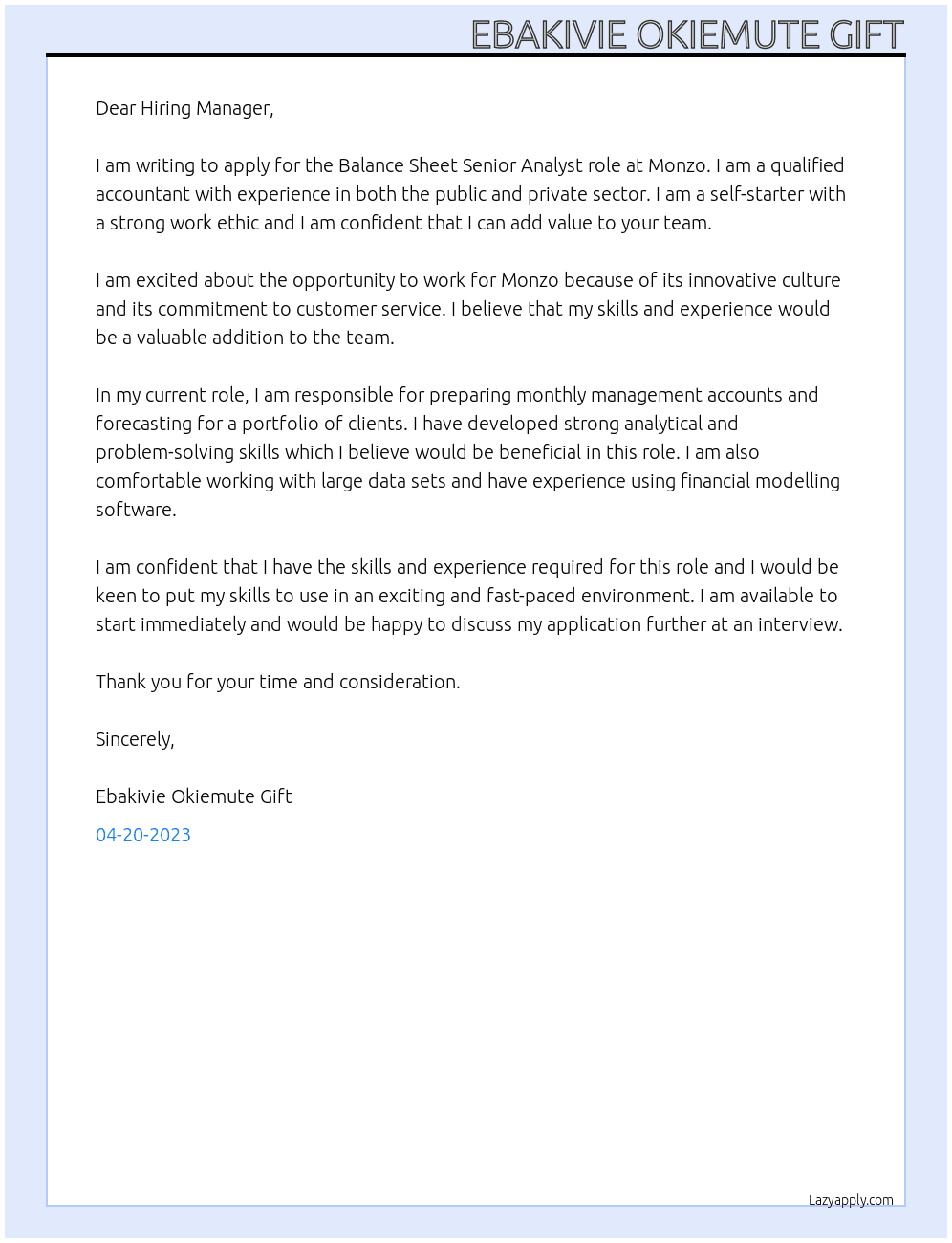 Business At Monzo Cover Letter