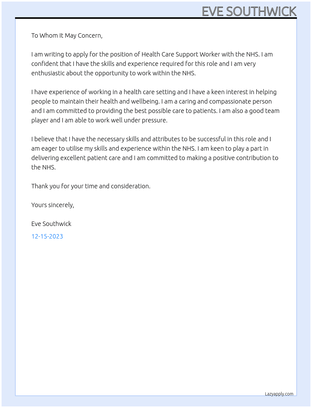 Health care support worker At NHS Cover Letter