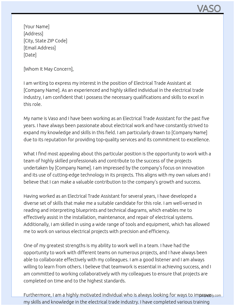 Electrical Trade Assistant  At blah blah  Cover Letter