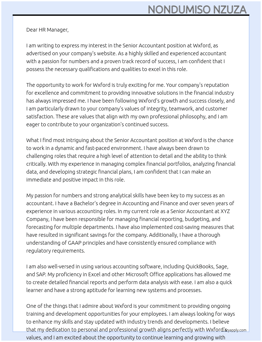 Senior Accountant At Wxford Cover Letter