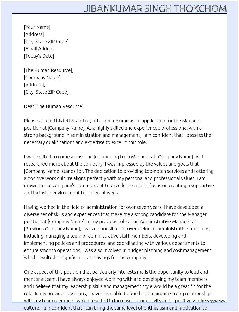 Manager At Administration  Cover Letter