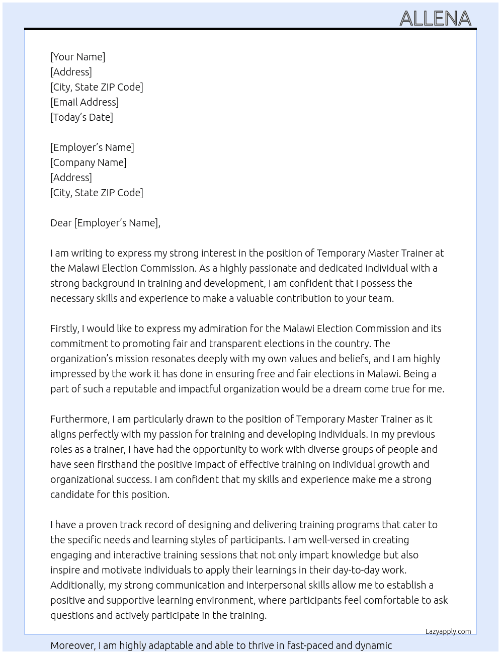 Temporary master trainer  At Malawi election commission  Cover Letter