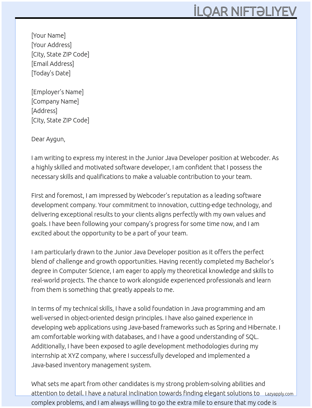 Junior Java Developer At Webcoder Cover Letter