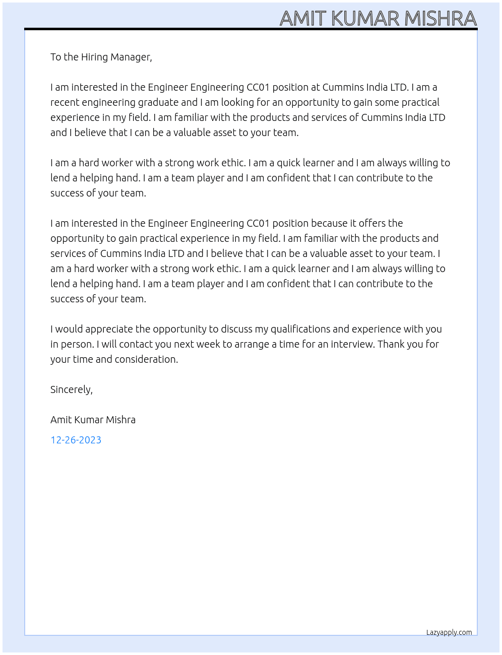 Engineer Engineering CC01 At Cummins India LTD Cover Letter