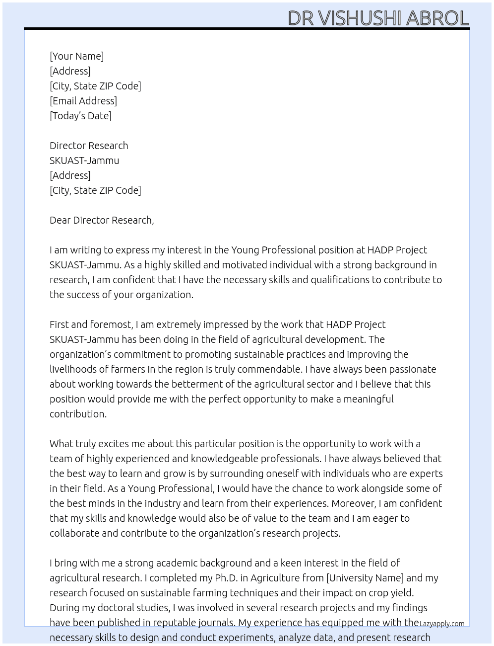 Young Professional At HADP Project SKUAST-Jammu Cover Letter