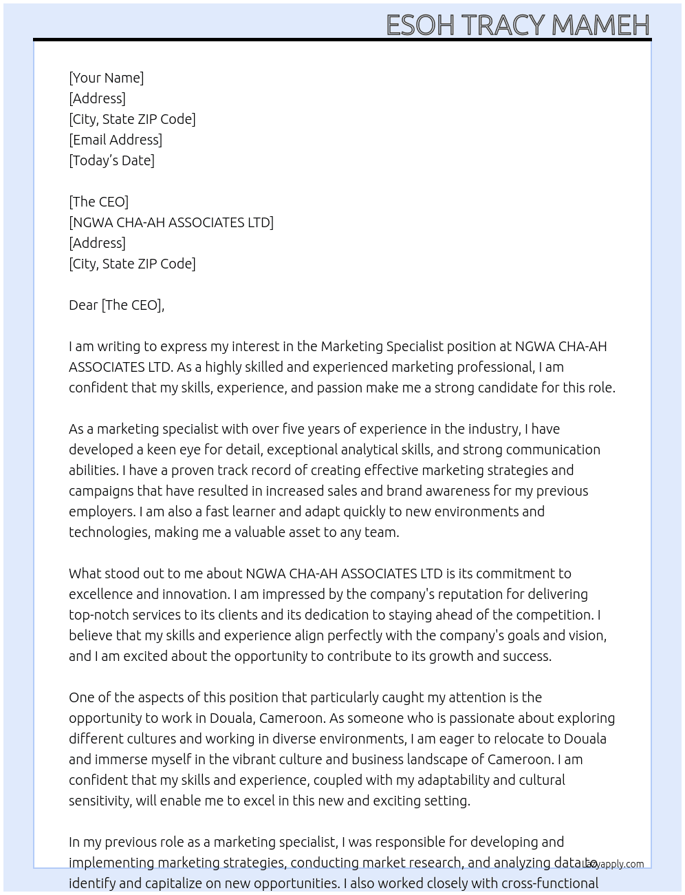 Marketing Specialist At NGWA CHA-AH ASSOCIATES LTD Cover Letter