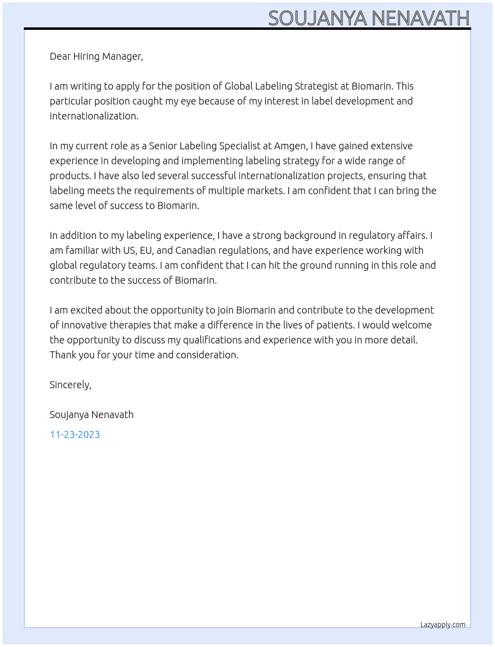 GLOBAL LABELING STRATEGIST At BIOMARIN Cover Letter