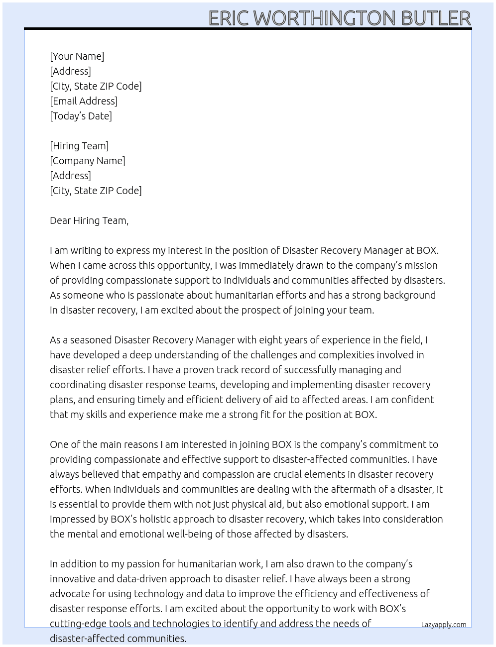 Disaster Recovery Manager At BOX Cover Letter