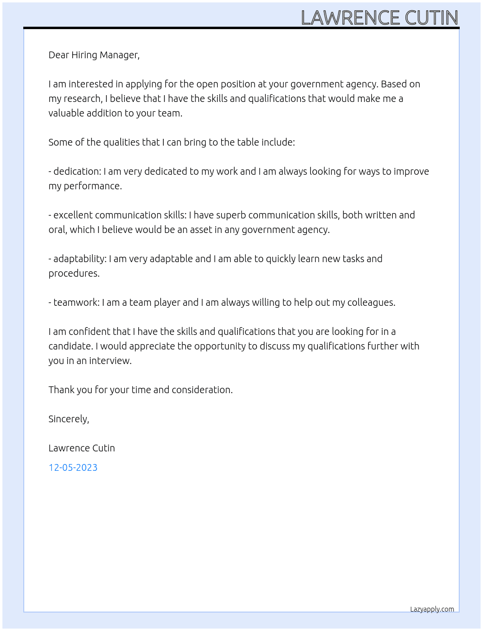 open position At any government agencies Cover Letter