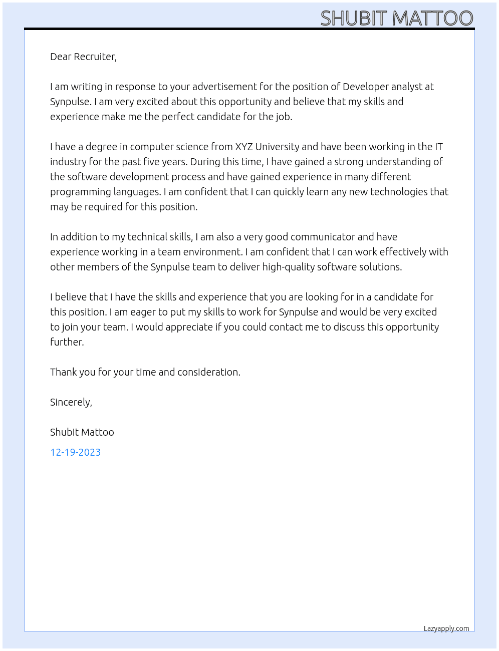 Developer analyst  At Synpulse  Cover Letter