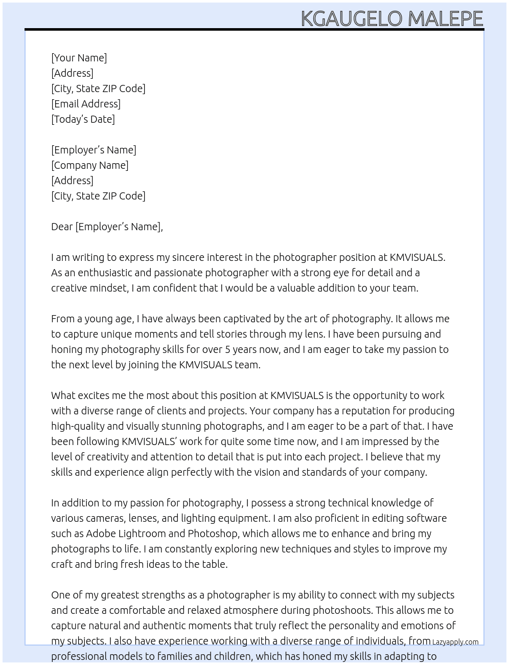photographer  At KMVISUALS Cover Letter