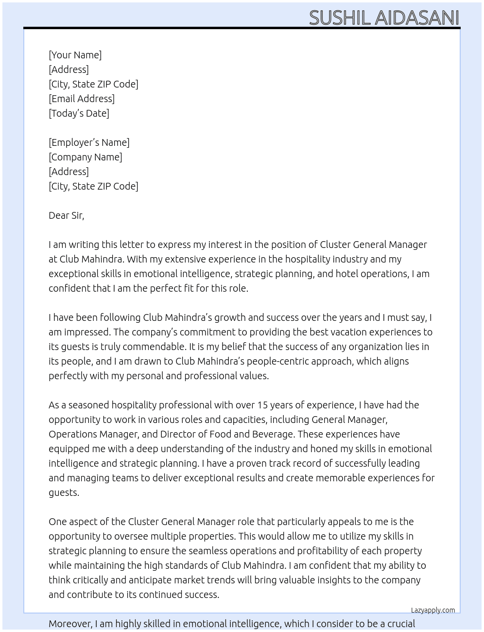 Cluster General Manager At Club Mahindra Cover Letter