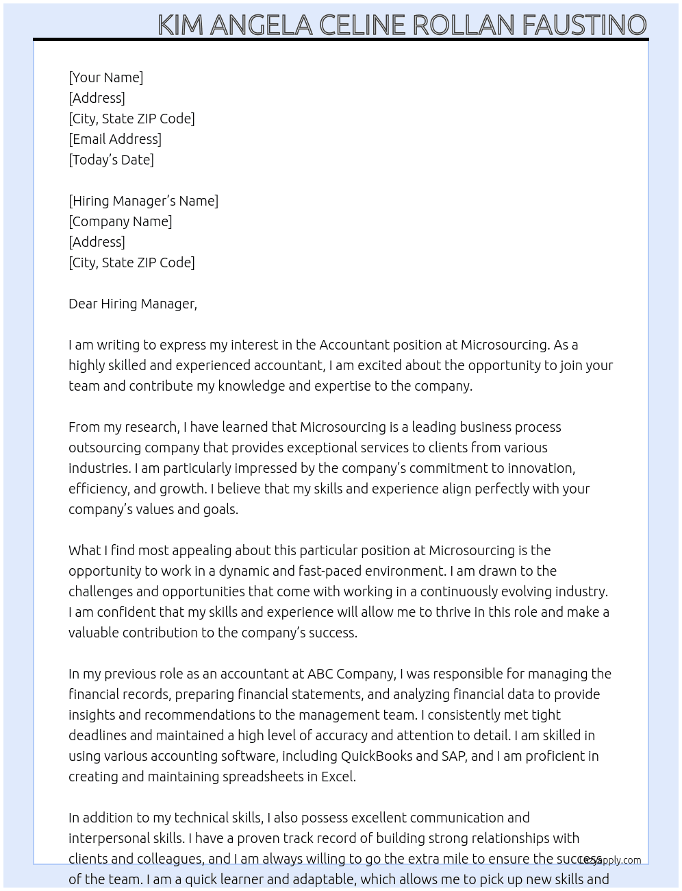 accountant At Microsourcing Cover Letter