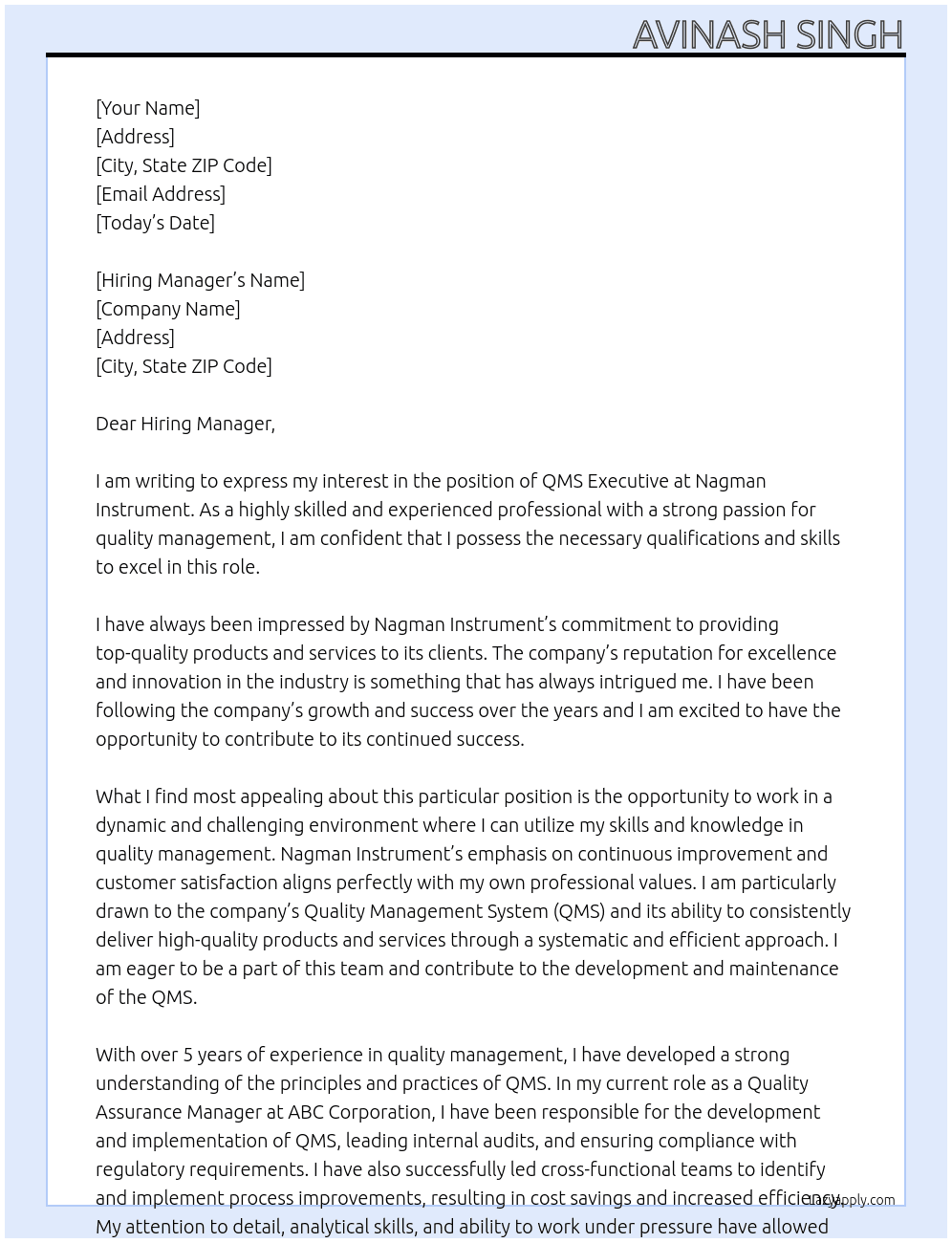 QMS Executive  At Nagman Instrument Cover Letter